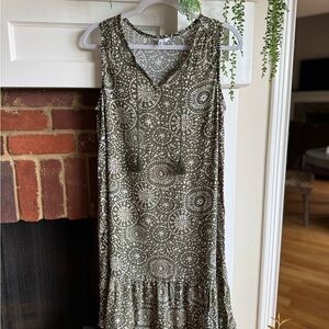 Sonoma Olive and White Patterned Midi Dress